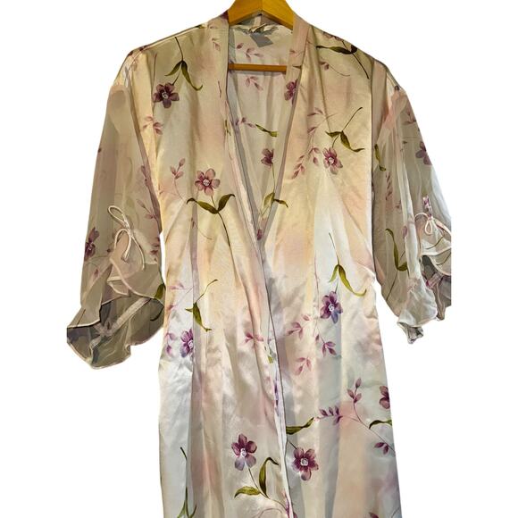 Private Luxuries Vintage Satin Robe Women Sm Floral Tulip Sleeve Pink Watercolor - Picture 4 of 10